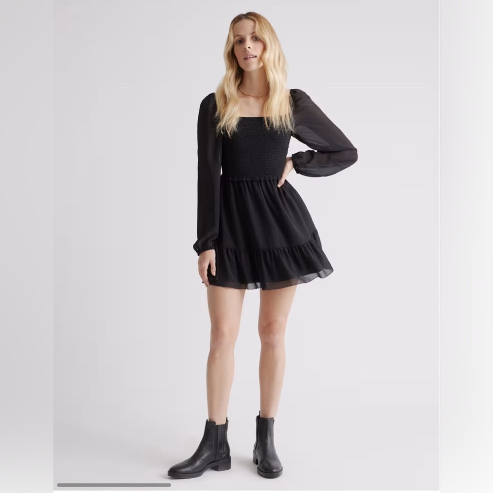 Quince Chiffon Smocked Long Sleeve Mini Dress sz M Women's Black